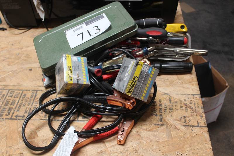 lot 713 image: Tools Including Jumper Cables, Screwdrivers, Wrenches, Wire Cutters, And More