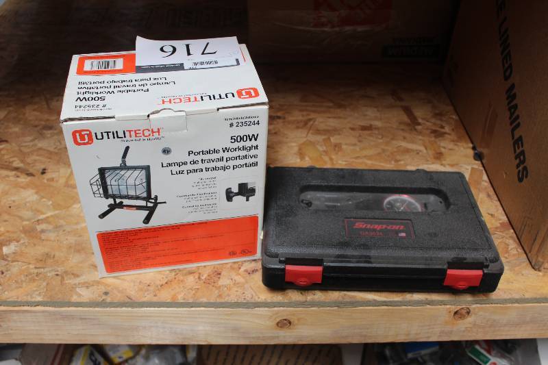 lot 716 image: Lot of (2) Includes Utilitech 500W Portable Worklight, Snap-on Pressure Gauge w Locking Pliers & Carry Case
