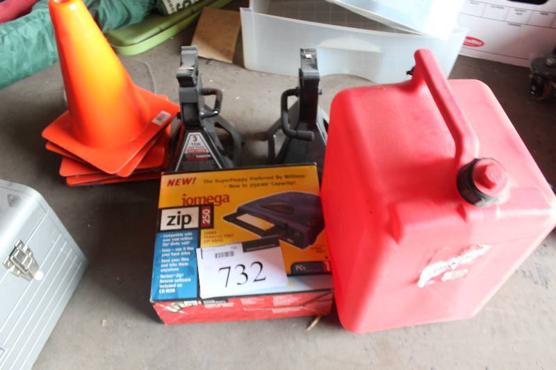 lot 732 image: Lot of (9) Including Safety Cones, Gas Can, Iomega Zip Drive, Jack Stands