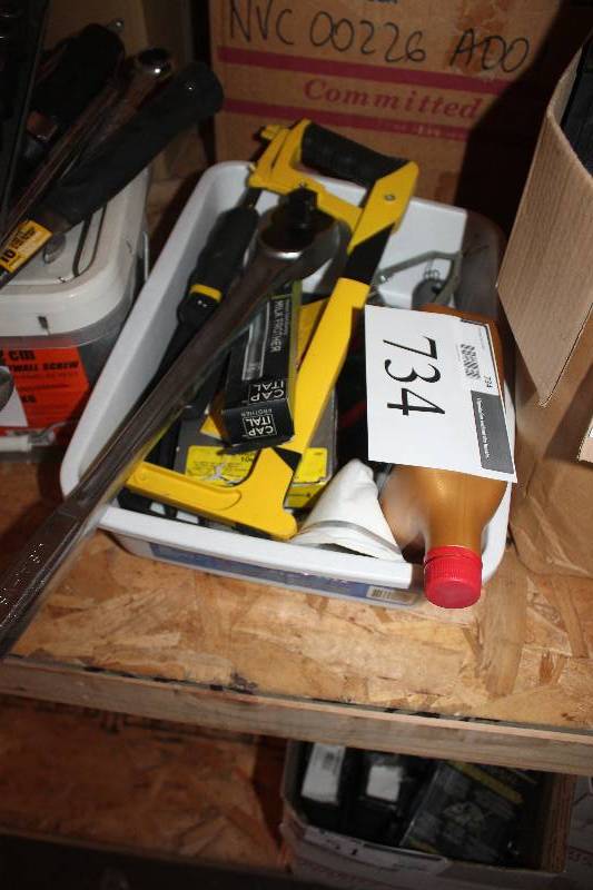 lot 734 image: Box Lot of Tools Including Wrench, Oil, Tool Shop 12 High Tension Hacksaw