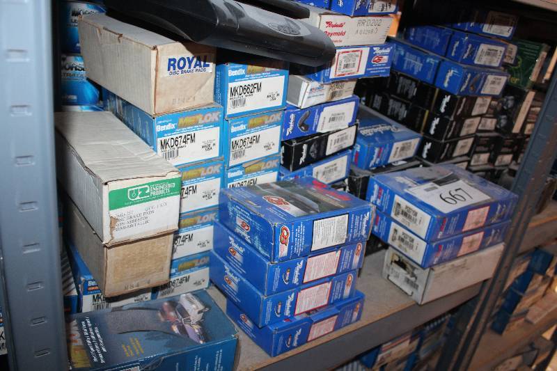 lot 667 image: Shelf Lot of Bendix, Raybestos Disc Brake Pads New In Box Includes MKD674FM, MKD662FM, MKD7465, PGD617QS, PGD841M, ATD652M, ATD50M, ATD702M, ATD652M, ATD370M, PGD838M, PGD803M, ATD546M