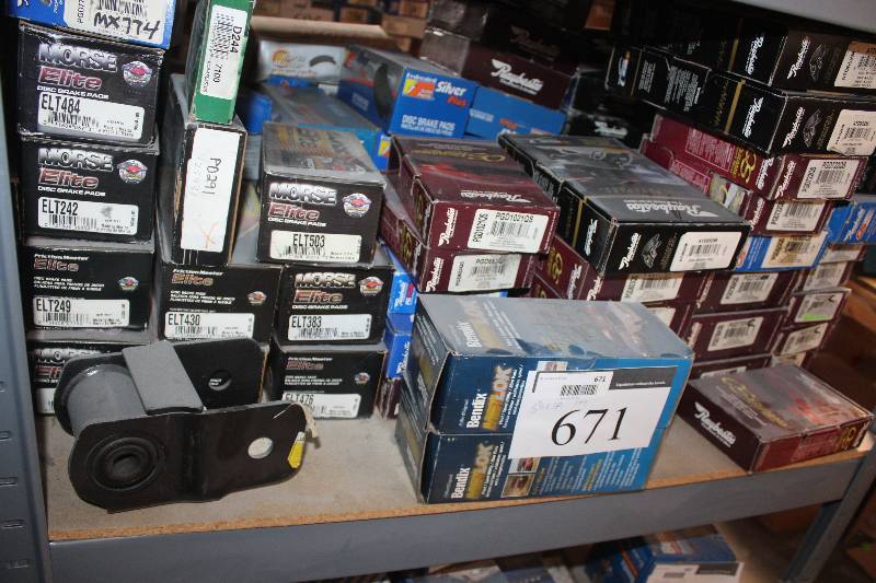 lot 671 image: Shelf Lot of Morse, Raybestos Disc Brake Pads New In Box Includes PGD801M, PGD650QS, PGD370QS, PGD648QS, PGD503QS, PGD730AC, PGD722QS, ATD652M, PGD722QS, ELT503, ELT430, ELT383, ELT476, MX774, ELT484, ELT242,