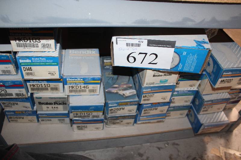 lot 672 image: Shelf Lot of Bendix Disc Brake Pads New In Box Includes MKD274, MKD258, D210, MKD223, MKD317, MKD150FM, MKD136, D176, D169, D150, MKD317, D299, D176, MKD284, MKD146, MKD150, MKD153, MKD150FM, D195, D179, D146, MKD103, MKD110, D146, MKD189