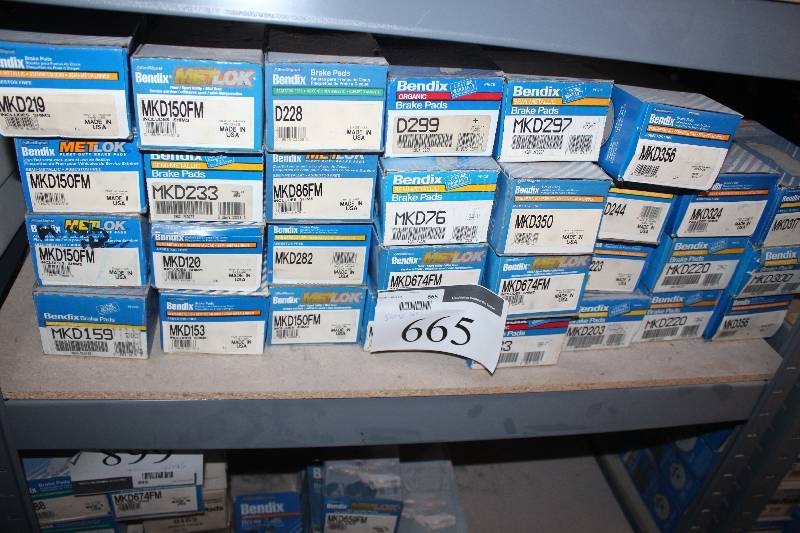 lot 665 image: Shelf Lot of Bendix Brake Pads New In Box Includes MKD219, MKD150FM, MKD159, MKD233, MKD120, MKD153, D228, MKD86FM, MKD282, MKD150FM, D299, MKD76, MKD674M, MKD297, MKD350, MKD674M, MKD356, MKD244, MKD324, MKD220, MKD300, MKD317, MKD356