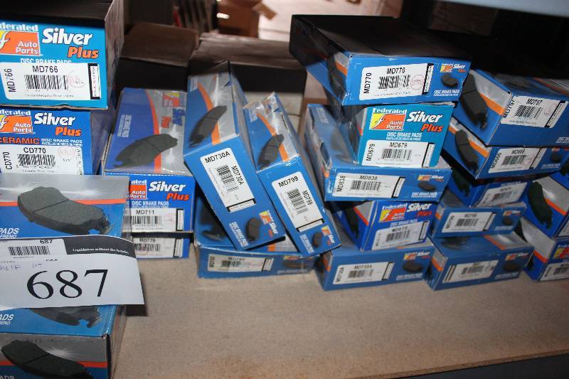 lot 687 image: Shelf Lot of Federated Auto Parts Disc Brake Pads New In Box Includes MD679, MD666, MD650, MD799, D691, MD679, MD838, MD730A, MD711, MD779, CD770