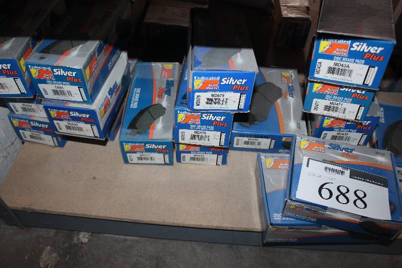 lot 688 image: Shelf Lot of Federated Auto Parts Disc Brake Pads New In Box Includes D691, MD690, MD692, D471, MD696, MD711, MD576, MD692, MD679, MD43A, MD471