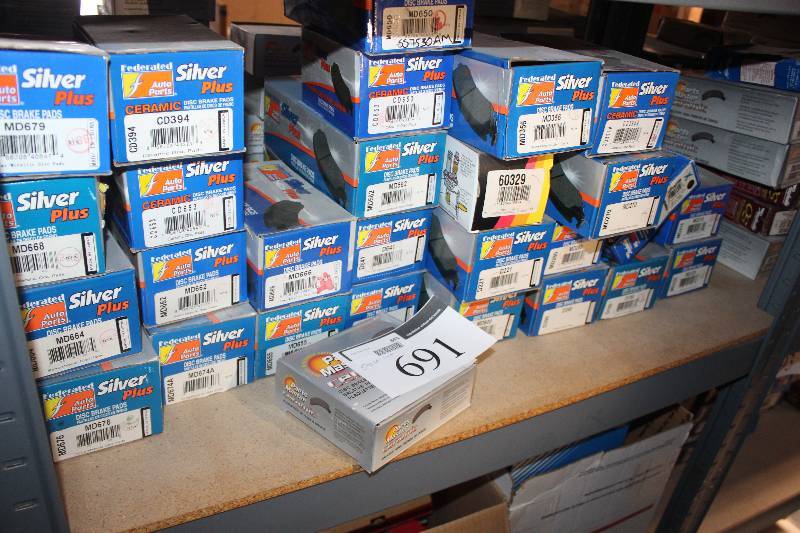 lot 691 image: Shelf Lot of Federated Auto Parts Disc Brake Pads New In Box Includes MD679, MD668, CD394, CD553, MD666, MD655, MD562, D641, MD356, 60329, D221, CD394A, MD270, MD280, MD600, D390, MD215
