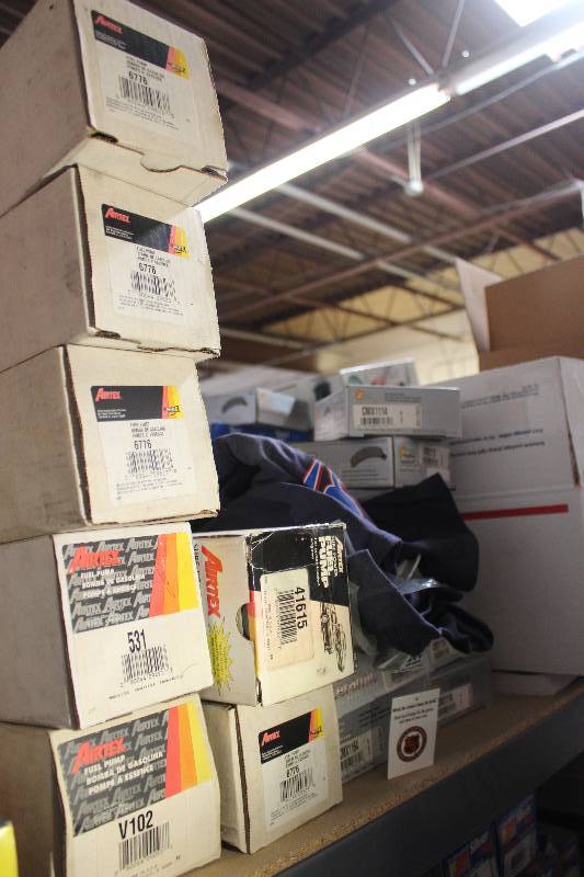 lot 686 image: Shelf Lot of Parts Master Disc Brake Pads, Airtex Fuel Pump, Safe Line Brake Parts New In Box Includes W24489, W8852, W8853, CMX1113, CMX1164, CMX1149, CMX1114, CMX1118, 6776, 531, V102, 41615,