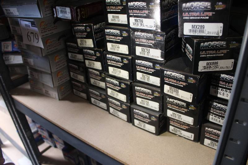 lot 679 image: Shelf Lot of Morse, Raybestos, Parts Master Disc Brake Pads New In Box Includes CMX1394, CMX750, CMX758, CMX667, MX886, MX974A, MX799, MX758, MX974A, MX758, MX886, MX700, MX687, MX625, MX655, MX289, MX974A, MX1046, PGD508QS,