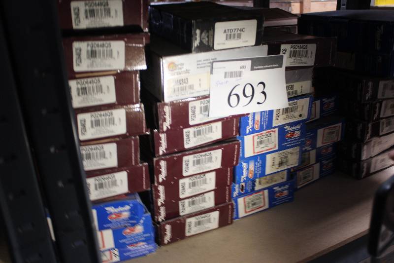 lot 693 image: Shelf Lot of Parts Master, Raybestos Disc Brake Pads New In Box Includes PGD648QS, PGD632QS, CMX843, CMX580, PGD505QS, PGD726QS, PGD154QS, PGD792QS, PGD409QS, PGD421AM, PGD648M, PGD758QS,