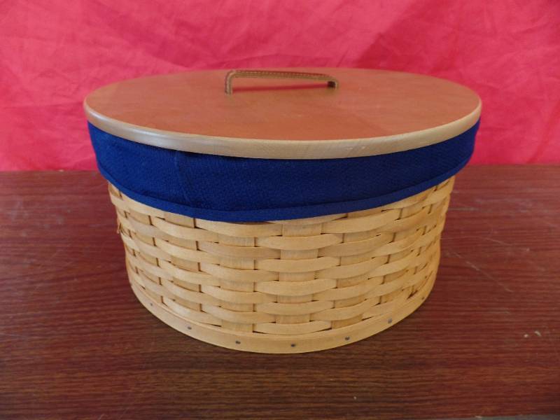 Longaberger Pantry Basket, 1998, Long/narrow Woven Wood Basket W/ Leather  Handles, Fabric Liner & Plastic Divided Insert, Vintage 