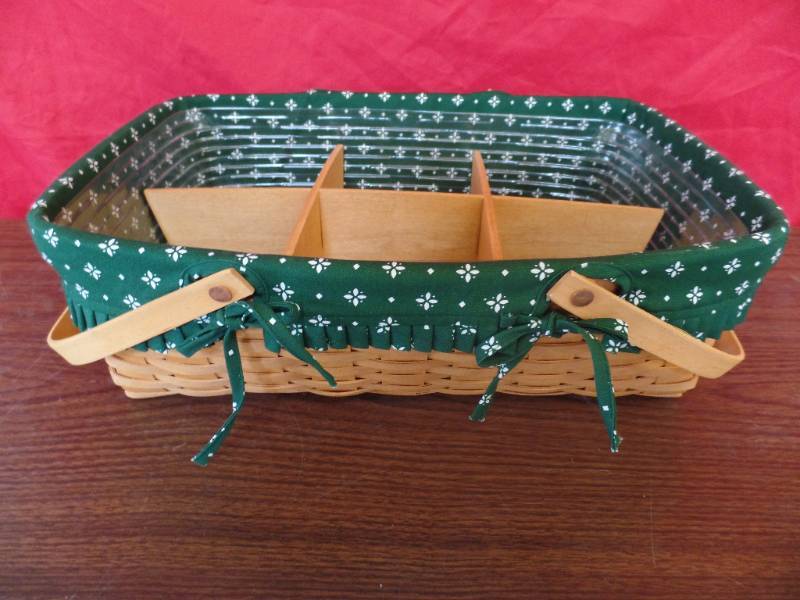 Longaberger Pantry Basket, 1998, Long/narrow Woven Wood Basket W/ Leather  Handles, Fabric Liner & Plastic Divided Insert, Vintage 