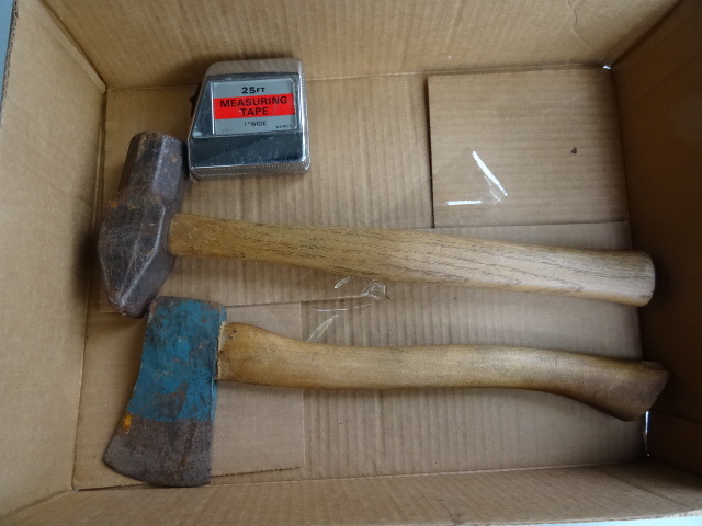 lot 109 image: Hatchet Hammer and Tape Measurer
