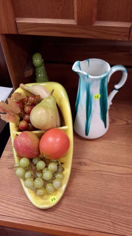 Ceramic fruit cornucopia with plastic fruit assortment