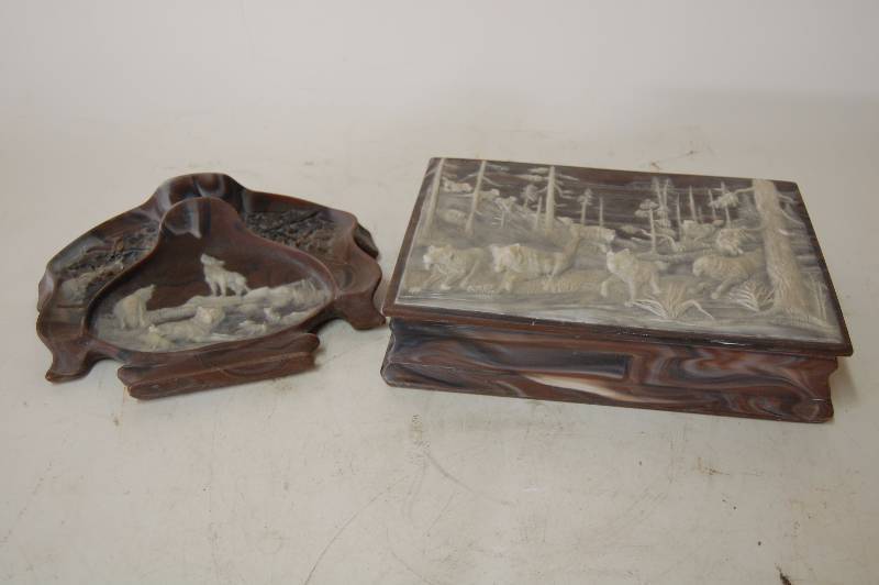 lot 219 image: Incolay Stone Box and Carving