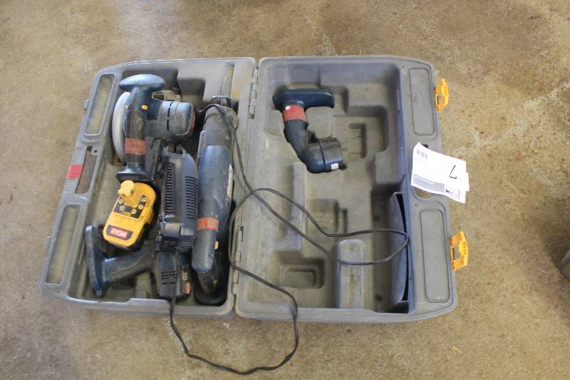 Lot of Ryobi Cordless Power Tools Including Carry Case, Flashlight, Drill, Saw, Duster, Batteries, Charger