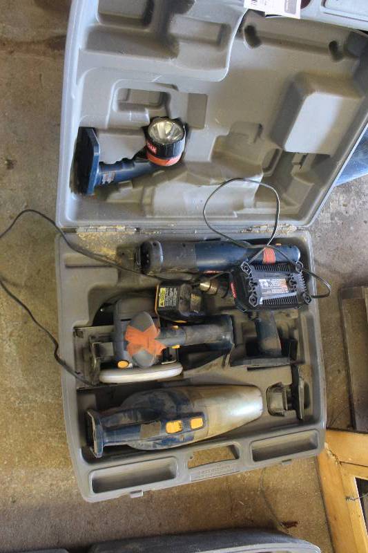 Lot of Ryobi Cordless Power Tools Including Carry Case, Flashlight, Drill, 2-Saw, Duster, Batteries, Charger