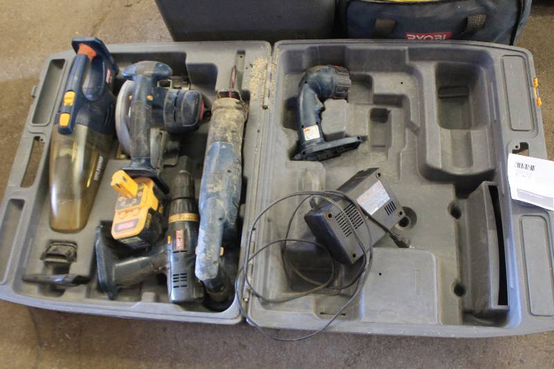 Lot of Ryobi Cordless Power Tools Including Carry Case, Flashlight, Drill, 2-Saw, Duster, Batteries, Charger