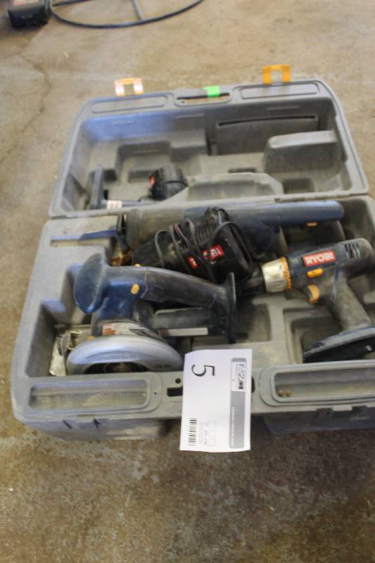 Lot of Ryobi Cordless Power Tools Including Carry Case, Flashlight, Drill, 2-Saw, Batteries, Charger