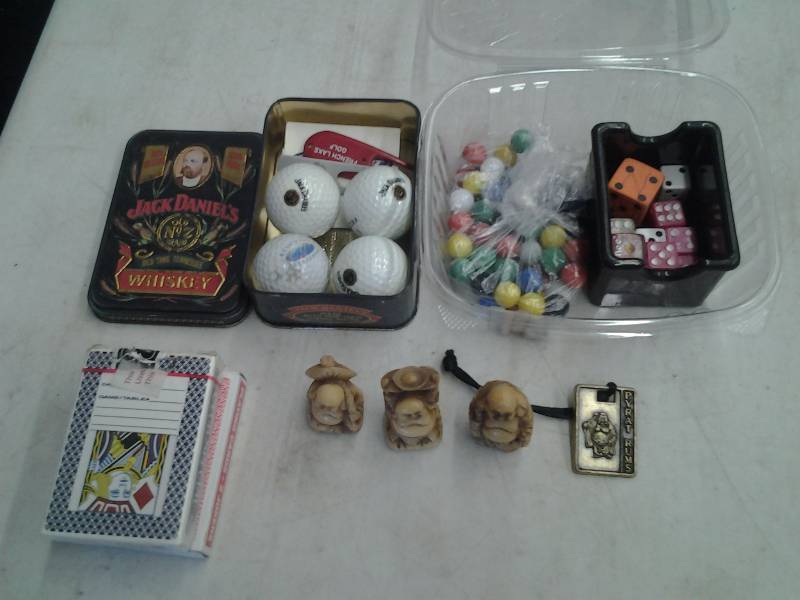 Marbles, Cards, Dice, Jack Daniels Golf Set, Buddah Figures