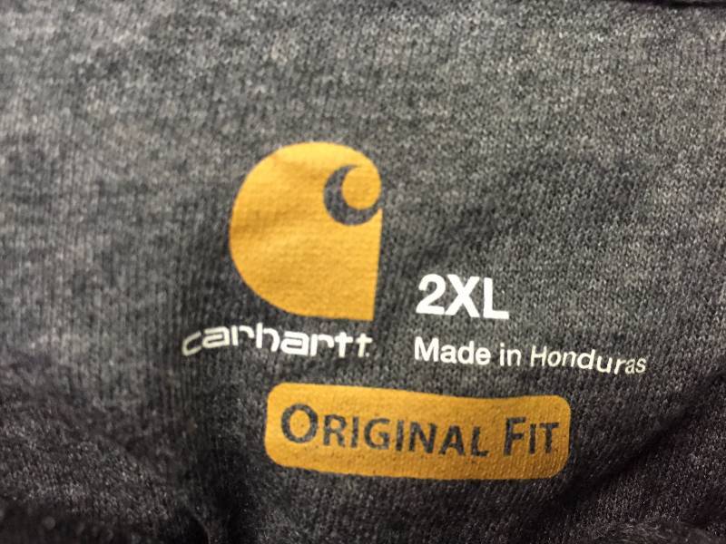 lot 43 image: CARHARTT LONG SLEEVE T-SHIRT LARGE, PULLOVER SWEATSHIRT 2XL TORN NECK LINE