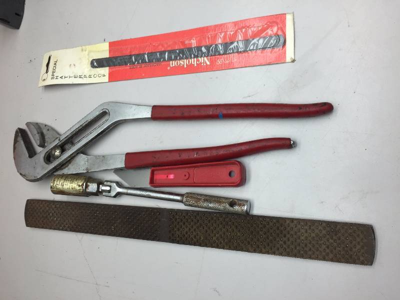 lot 36 image: TOOLS, LARGE FILE, IMPACT WRENCHES, CHANNEL LOCK PLIERS, VISE
