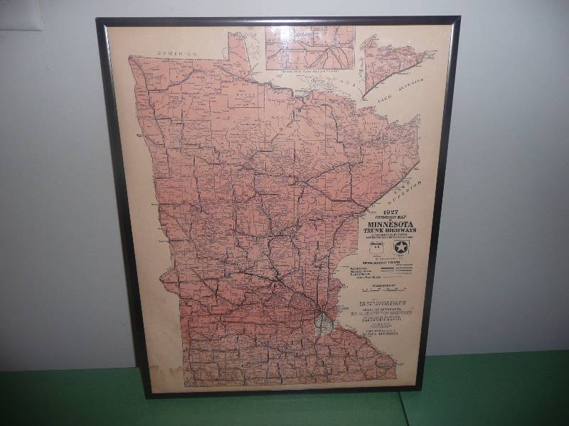 lot 5 image: FRAMED 1927 MINNESOTA STATE MAP WITH 1930 NATURAL RESOURCES 1927-14in wide 18in high 1930 - 31in wide 36in high