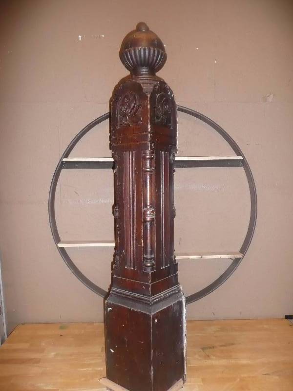 lot 43 image: Estate Antique Architectural Salvage Carved Stained Wood Stair Newel Post Over 100 Years Old