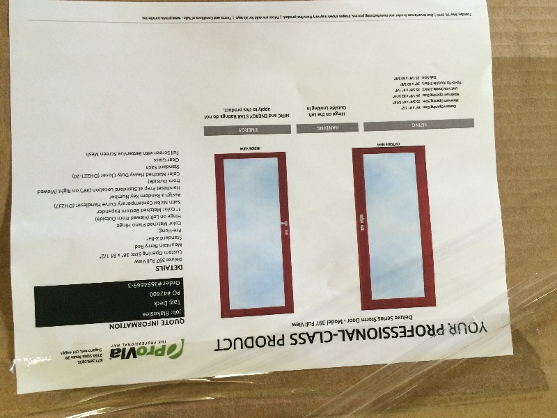 Provia Storm Door  36 x 81.5  NEW  view all pictures for more details  no hardware