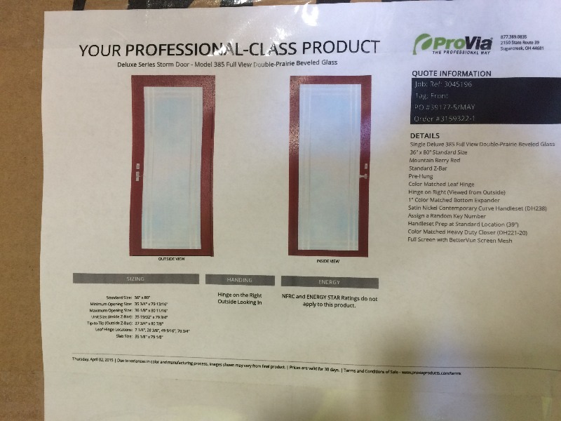 Provia Storm Door  36 x 80   NEW  view all pictures for more details