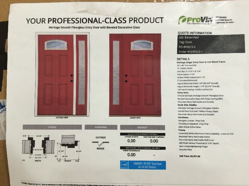 Provia Heritage Fiberglass Entry Door with sidelite  36 x 80 h NEW view all pictures for more details