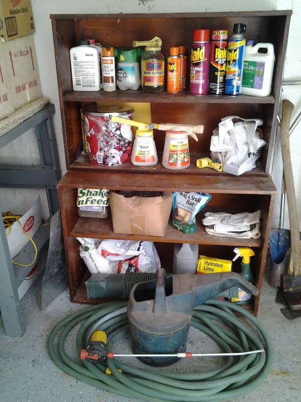 Shelf & All Contents, Hose, Insect Killer, Garden gloves, Fertilizer