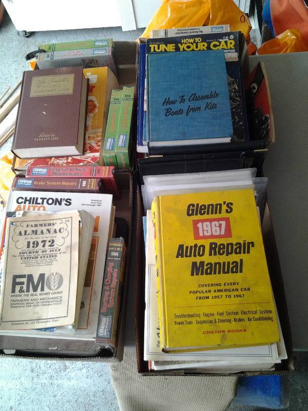 2 boxes Of Old Books, Chiltons Repair Manuals, How To Auto Videos, Car Folders- Some Leather