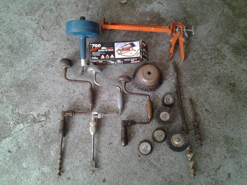 3-Brace Bits, Wire Wheels, Foot Air Pump, Drain Auger, Large Caulking Gun