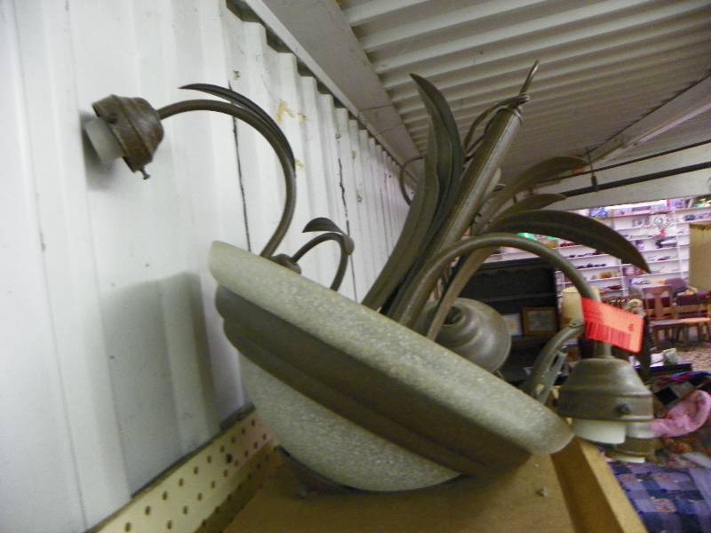 Hanging ceiling light, beautiful dcor, metal and glass, one globe has piece missing from edge