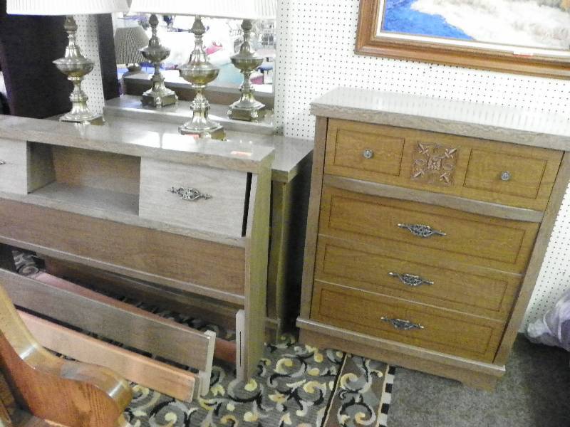 3 piece bedroom suite.  Bed frame (full) including headboard, footboard and slats.  Chest of drawers.  Second chest of drawers with mirror.