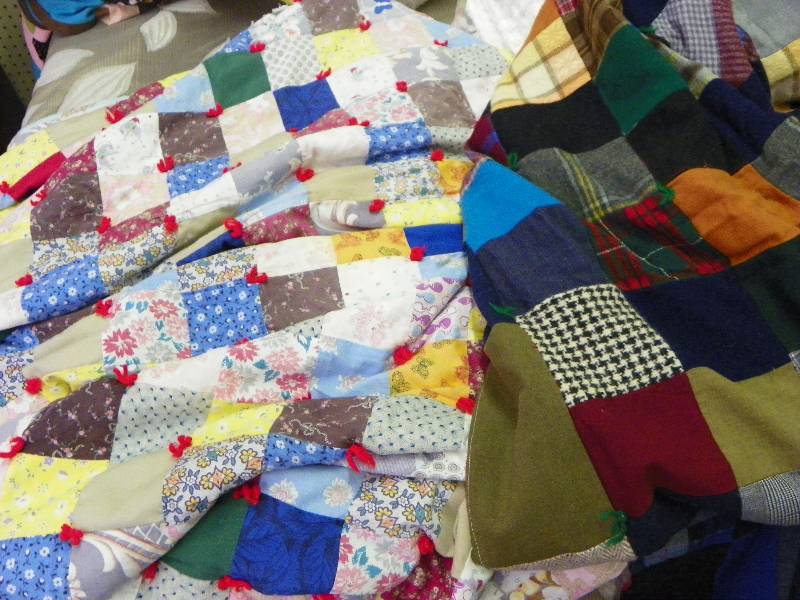 Handmade wool blanket, wool quilting squares with red flannel backing.  Baby quilt.