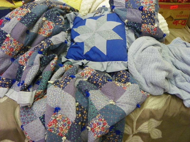 Handmade blue quilt, some wear, blue cotton blanket, blue star throw pillow