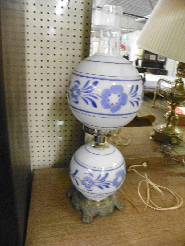 Blue and white hand painted electric lamp featuring 2 globes and chimney