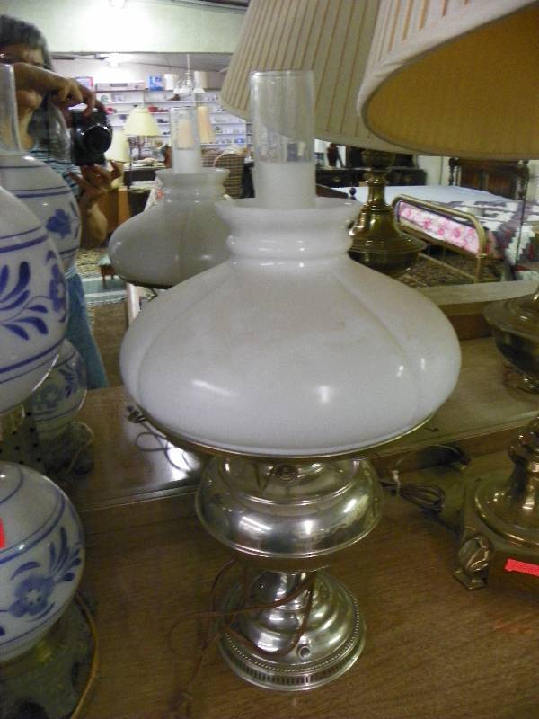 Metal and glass electric lamp with milk glass look shade and chimney