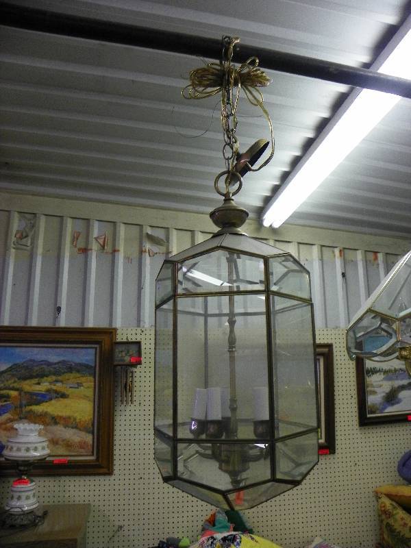Hanging electric lamp, metal and glass, candle style light holders
