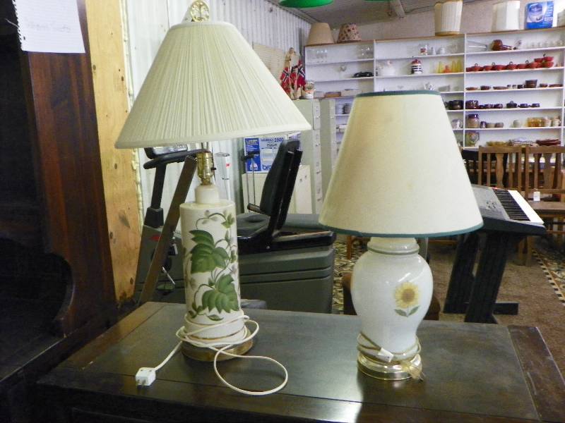 2 electric lamps, one handpainted green leaves, one handpainted sunflowers
