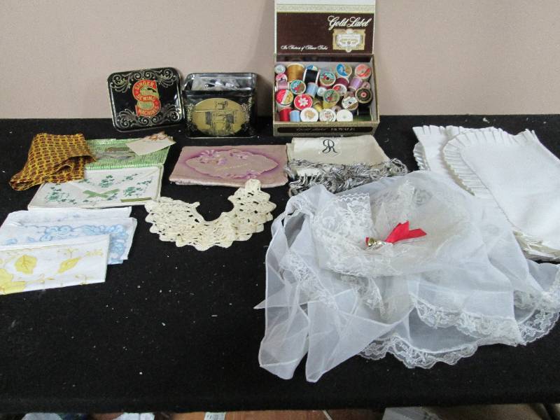 lot 267 image: Vintage Handkerchiefs & Singer Sewing Tin