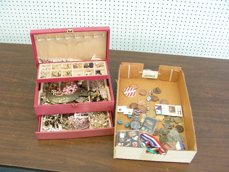 Jewelry Box Of Unsorted Costume Jewelry, Wrestling Medals, etc.