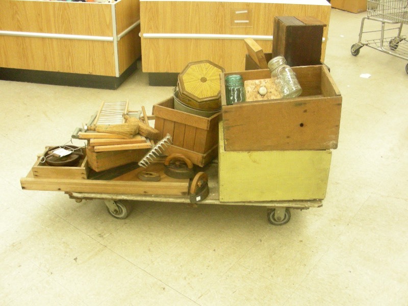 Antique Wood Nutting Cart Full of Antique Wood Boxes, Primitives, Farm Tools, etc.