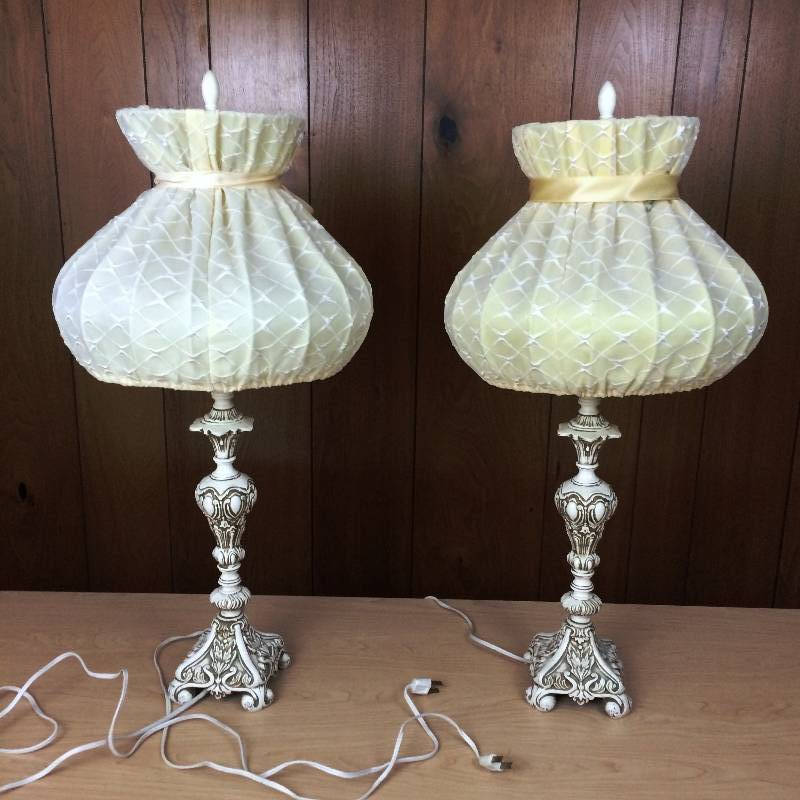 lot 2 image: Gorgeous Pair French Provincial Chippy SHABBY Cottage CHIC Sexy She Shed Antique Parlor Italian Tole LAMPS Lighting With Poofy Thick Wire Lacey Victorian Shades Pretty White Right To Its Finials