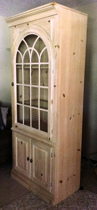 lot 9 image: Wow #2 Magnificent Extreme High End & Highly Sought After Vintage Link-Taylor Solid Knotty White Pine wAntique Bisque Finish Large Lighted China Hutch Curio Cabinet Series #766