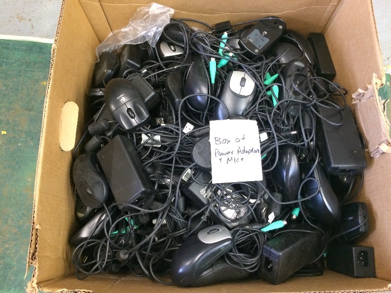 Assorted Computer Power Adaptors & Mice   box lot