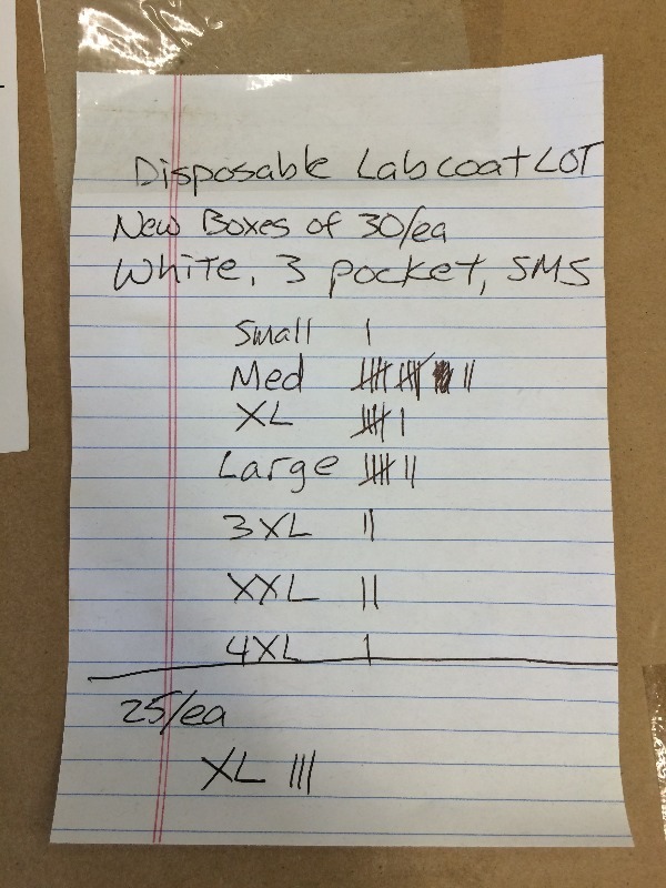 Disposable lab Coats Mixed Sizes   Lot of approx. 24 boxes