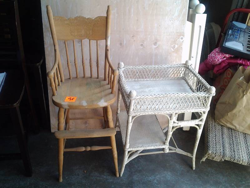 lot 48 image: Vintage Wood Pressed Back High Chair & Wicker Shelf 21x15x27